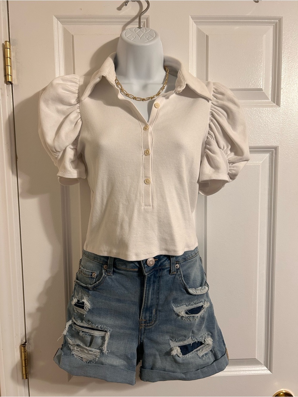 Express Cream Puff Sleeve Button-Down Polo